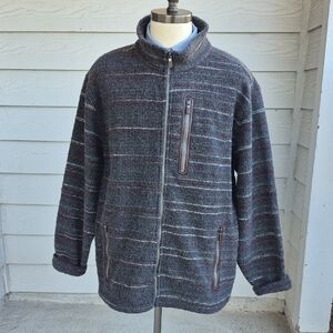ORVIS Portugal Grey Striped Polyester Fleece Mens XXL Full Zip Sweater Jacket‎